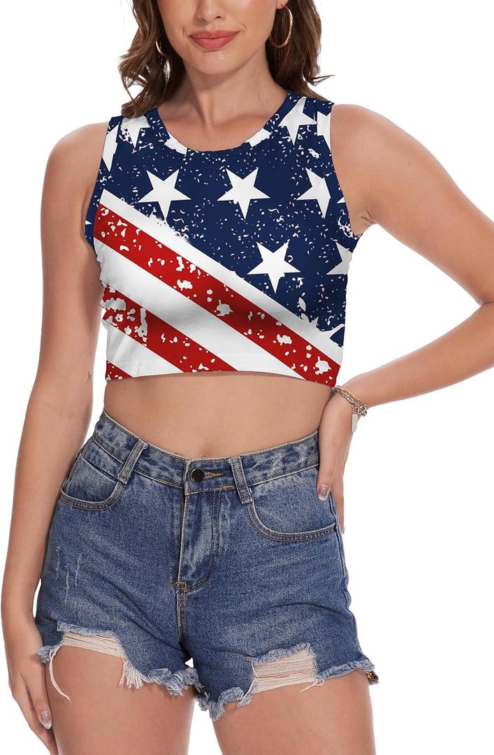 TMSD Women's 4th of July Sexy American Flag Memorial Day Independence Day Crop Tank Tops, Size: M