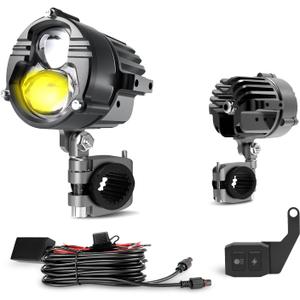 BraveWAY 100W Motorcycle Fog Lights Kit Auxiliary Driving Light Amber White Dual Color Strobe Modes with 6FT Waterproof Wiring Harness Kit Remote Switch, Pair
