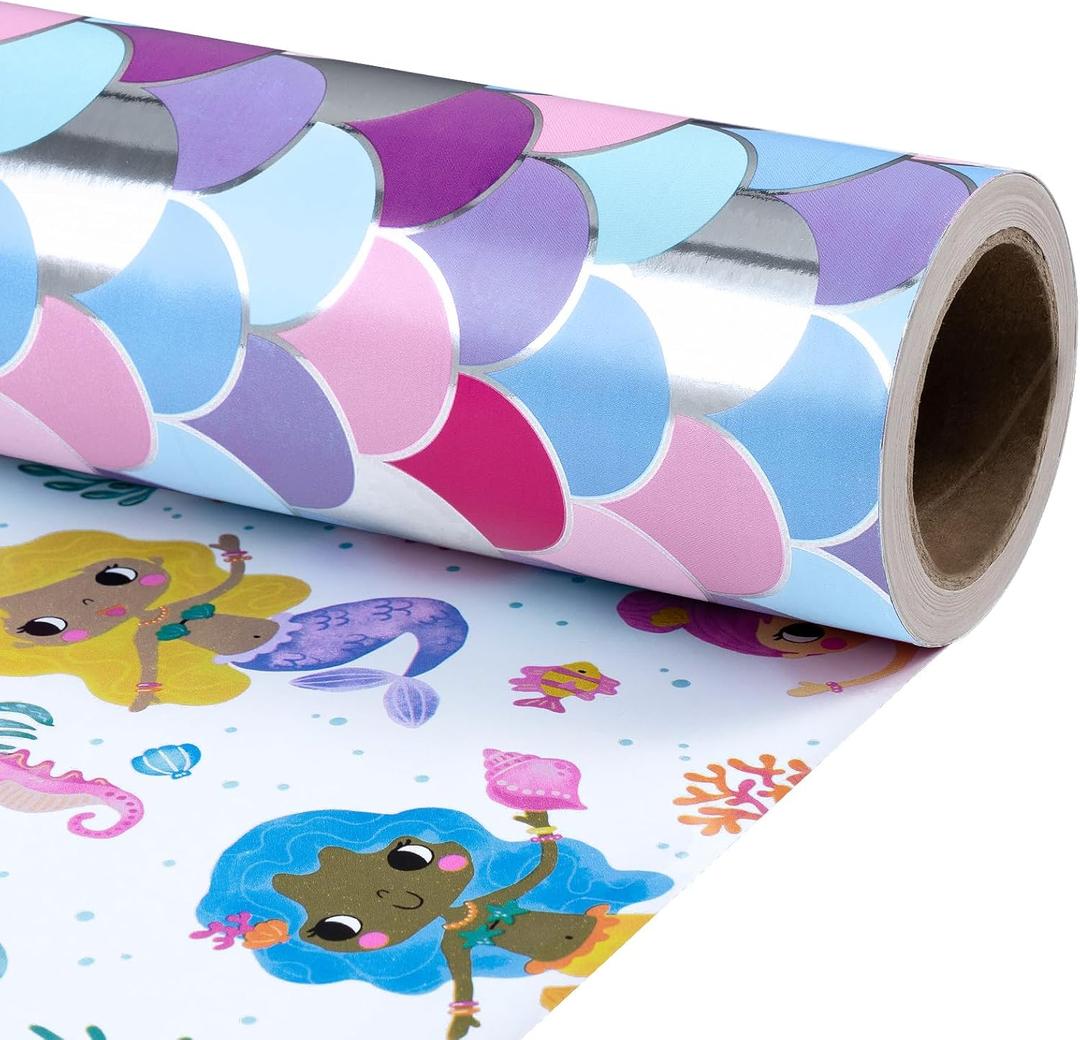 RUSPEPA Reversible Mermaid Wrapping Paper Roll, Mini Roll, Colorful Mermaid and Ocean Design with Iridescent Scales Pattern Gift Wrap for Girls Birthday Party, Baby Shower, 17 Inches x 16.4 Feet