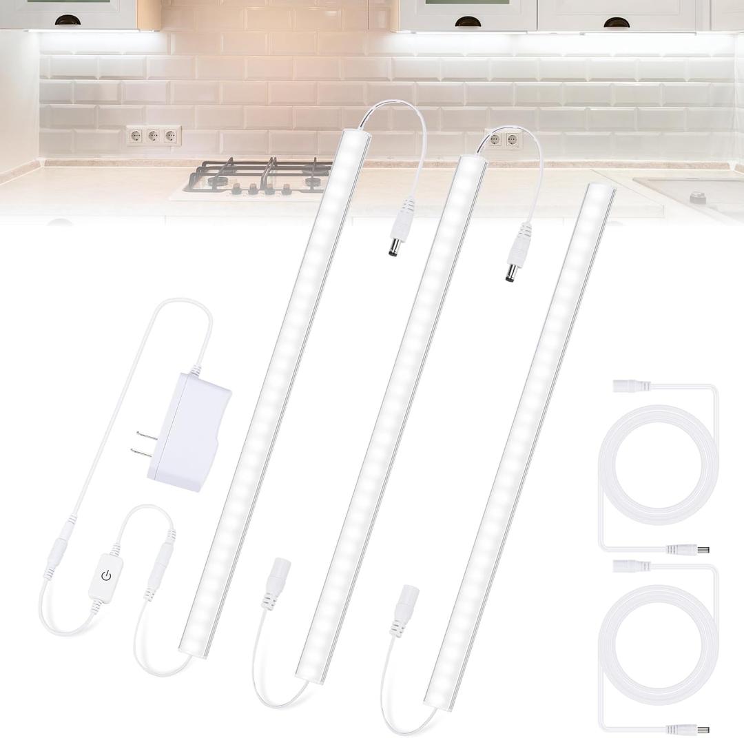 Under Counter Lights for Kitchen, 3 Packs x 12 Inch Dimmable LED Under Cabinet Lighting, Cold White 6000K, Plug-in Under Cabinet Lights with Memory Function