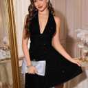 Sexy Deep V Neck Halter Glitter Bodycon Dress Sparkling Sleeveless Cocktail Party Dress Backless Women's Evening Clubwear (Black, S)