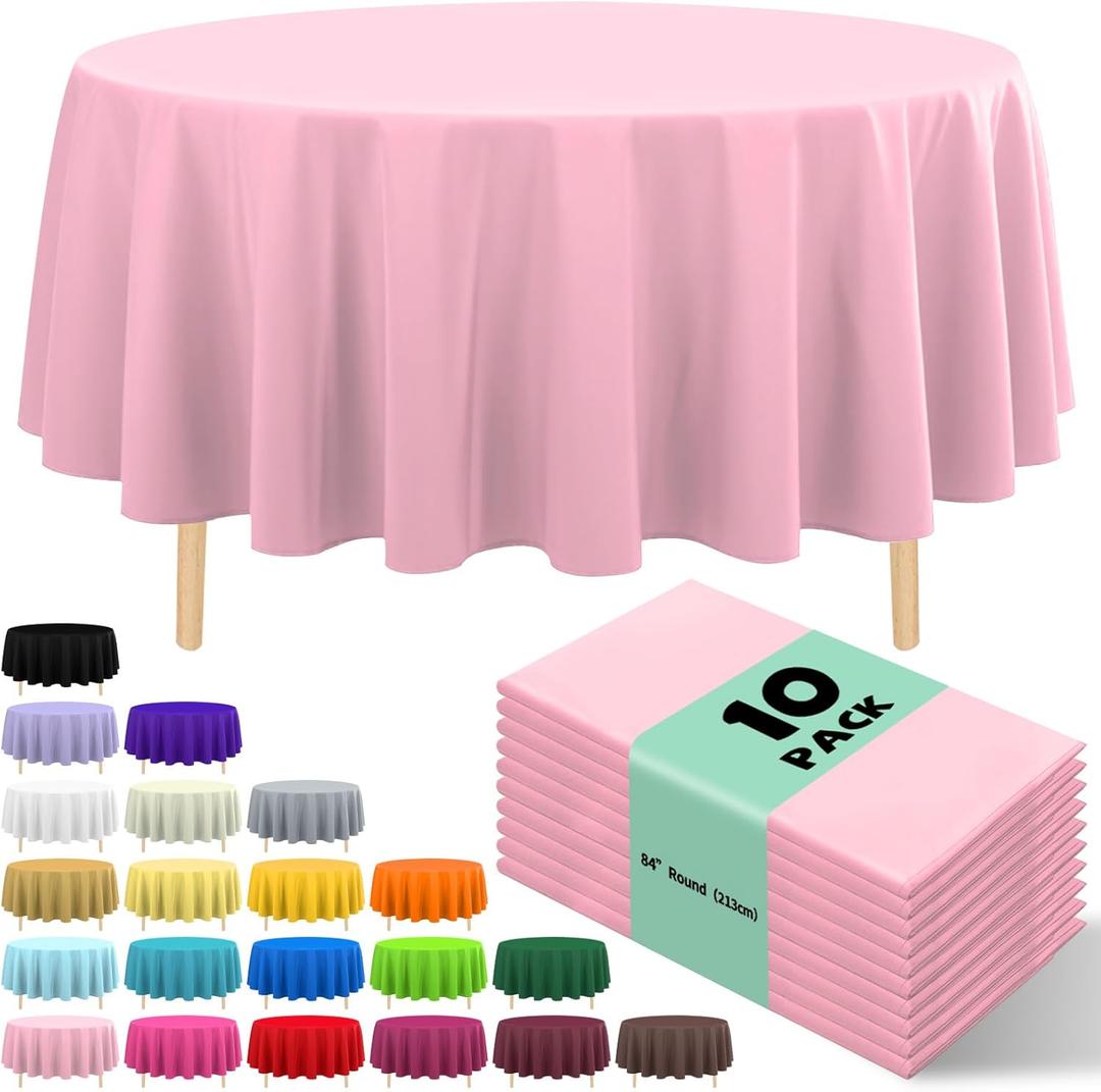 10 Pack Premium Disposable Plastic Tablecloth 84" Round Table Cover for Birthdays Weddings Christmas Anniversary Buffet Table (Pink)