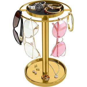 LSK 360 Rotating Sunglasses Organizer, Stainless Steel Glasses Holder Stand with Organizer Tray, Eyeglasses Holder with Storage Base for Dresser, Desk Table, Nightstand & Home Decor, Gold