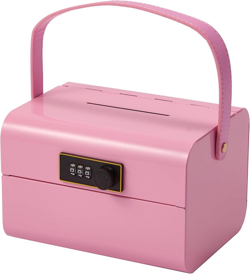 Mini Safebox with Lock - Money Safe and Cash Lock Box for Kids, Small Metal Security Safe for Cash, Jewelry and Valuables, Portable Storage Organizer (Pink)
