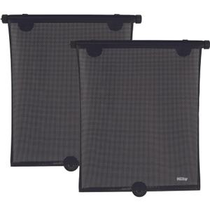 Nuby 14" Roller Vehicle Side Window Sun Protection Shade for Baby | 2 Pack | Pull Down with Suction Cups and Press Button Roll Up | Black