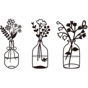BSTSELER 3 Pcs Black Metal Flowers Wall Decor Bathroom Decor Metal Vase Wall Art Metal Wall Sculptures Hanging for Indoor Kitchen Bathroom Bedroom living room Halloween Thanksgiving Christmas Gifts