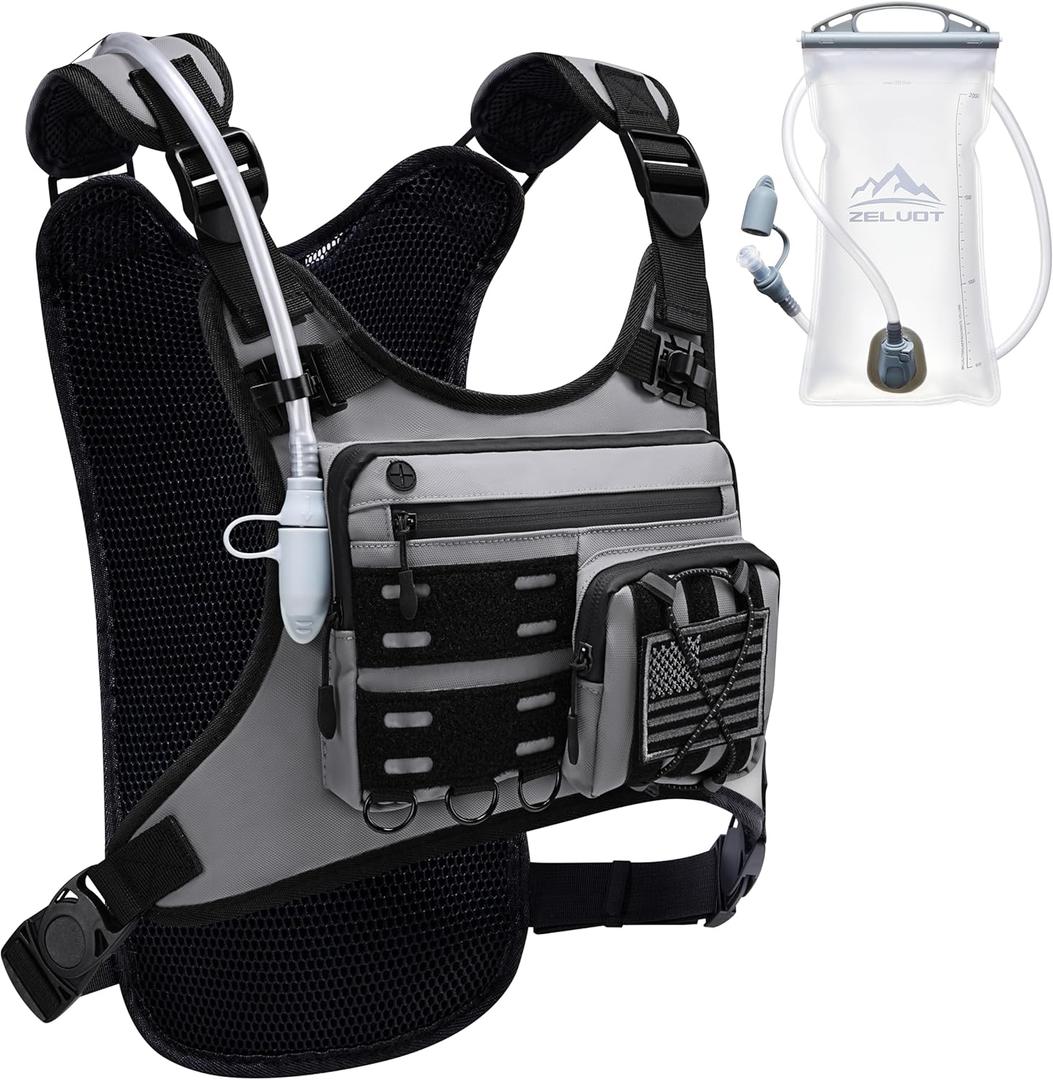 Running Vest with 2L Water Bladder, Hydration Backpack, USA Original Patent, Lightweight Hydration Pack with Gear Holder, Reflective Chest Pack for Men Women for Marathon (Medium-Large, Gray)