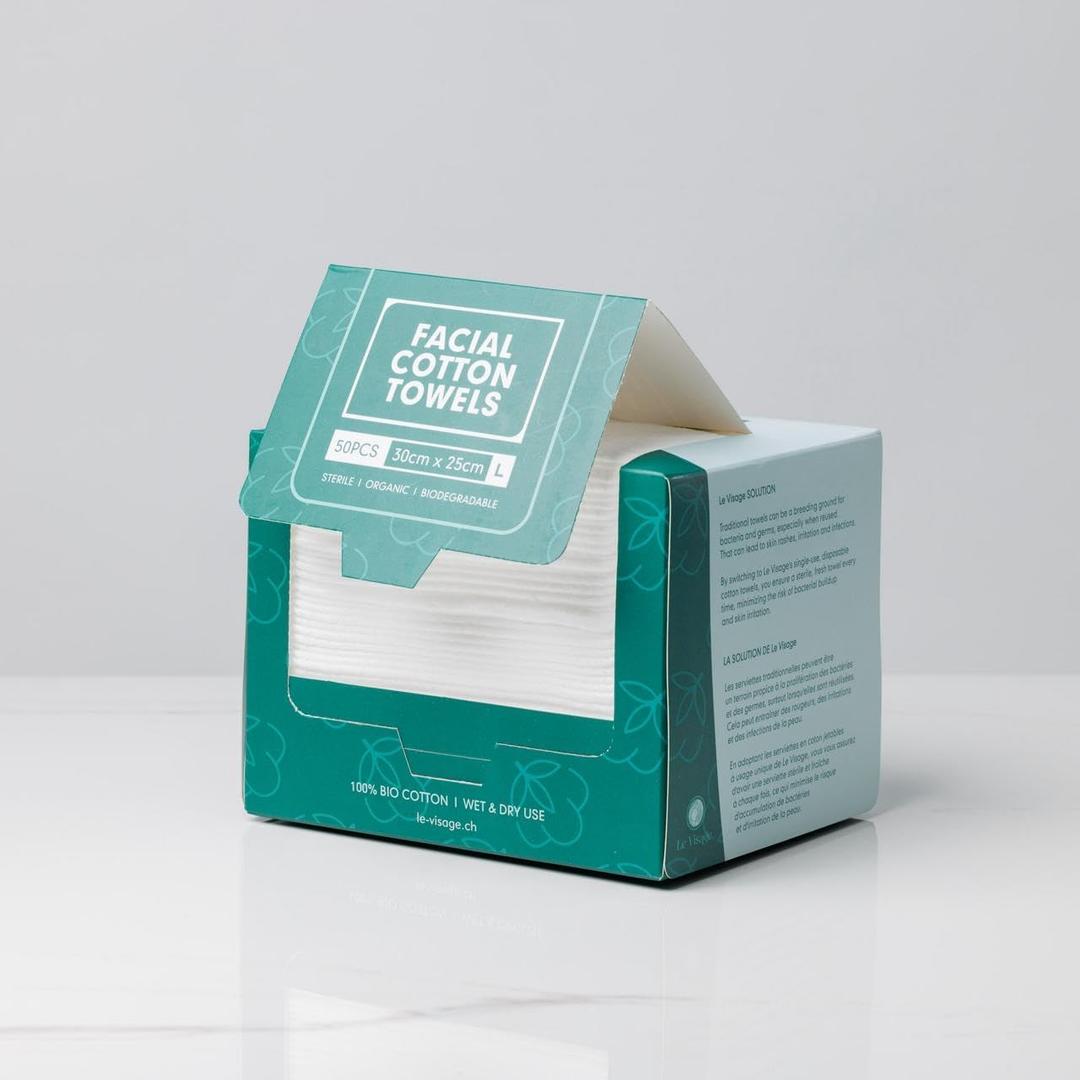 100% Cotton Facial Towels, Oeko-TEX Certified, 50 Pieces, Sterile and Biodegradable, Anti-Acne, Disposable Make-Up Remover Wipes, Ultra Soft, Organic and Bio