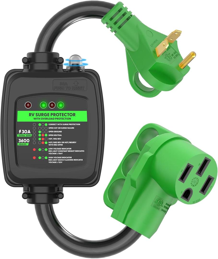 RVGUARD Surge Protector 30 Amp to 50 Amp RV Adapter Cord with Overload Protection, NEMA TT-30P to NEMA 14-50R Electrical Power Adapter, 2 Feet, Green, ETL Listed (30M/50F)