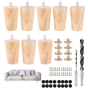 8 Pieces Furniture Couch Legs 3 Inch Round Solid Wood Sofa Legs Natural Wooden Couch Legs Replacement Legs for Armchair, Cabinet, Chair, Footstool, Mid Century Modern Dresser, Natural Wood