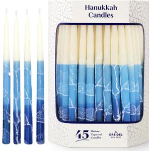 The Dreidel Company Dripless Premium Tapered Hand Decorated Multi Blue Frosted Hanukkah Candles, 45 Hanukkah Candles Premium Quality Wax, 1 Hour Burn Time