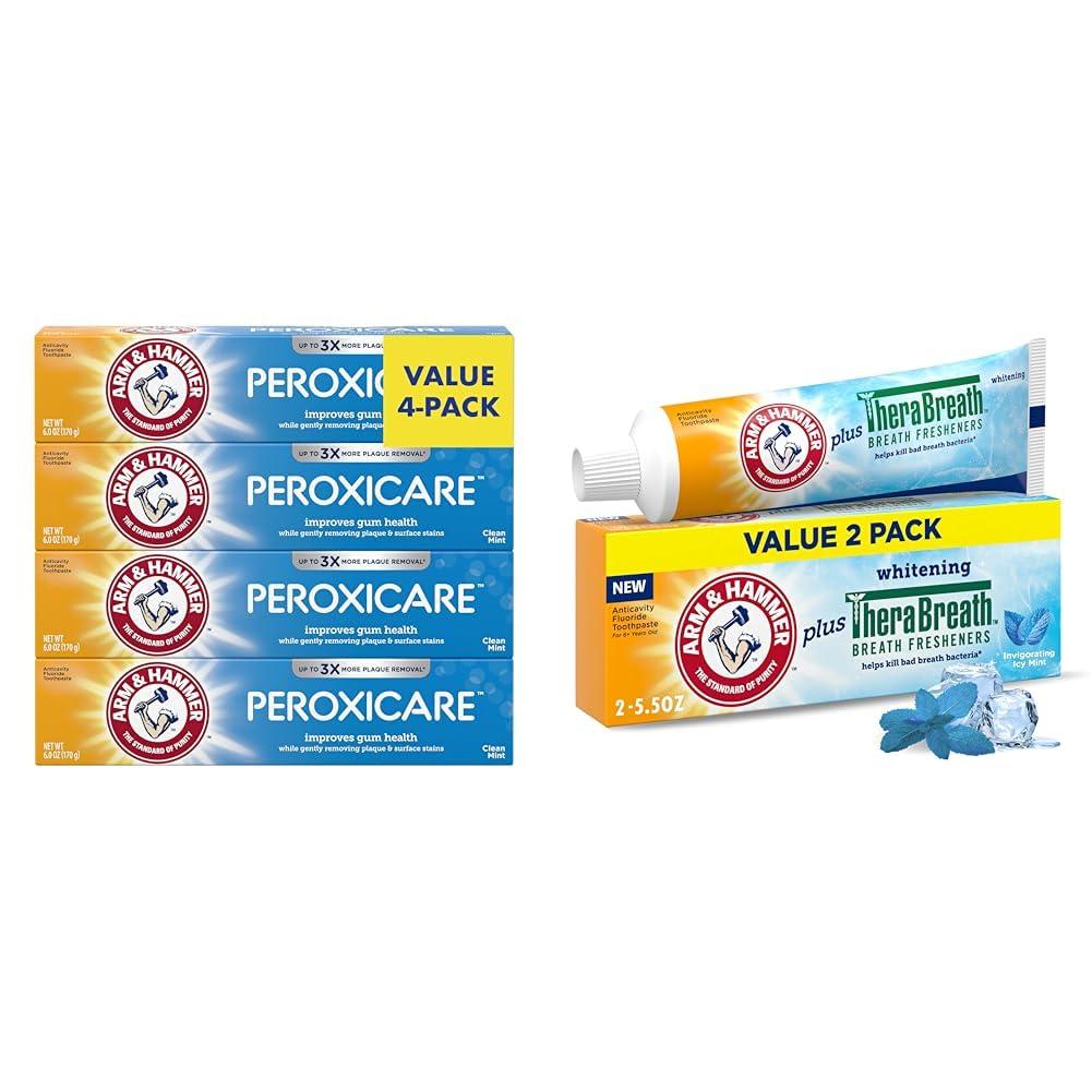 Arm & Hammer Peroxicare Toothpaste 4-Pack, ARM & HAMMER Toothpaste Plus TheraBreath Breath Fresheners 2-Pack