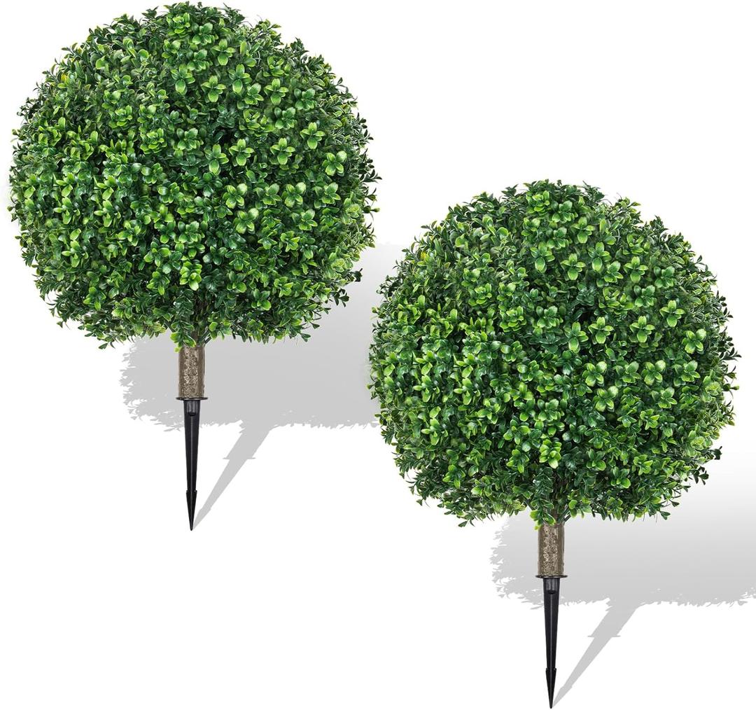 25.6" Artificial Boxwood Topiary Ball Trees: 2 Pack Fake Shrubs with Spike  UV Resistant & Fade Resistant Faux Bushes, Evergreen Artificial Plants for Outdoor Indoor Front Porch Garden
