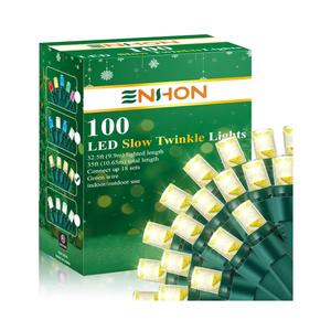 Enhon Slow Twinkling Christmas Light, 100 Lights 35 Ft Twinkle Pulsing Christmas, 5mm LED Wide Angle Soft Random Shimmering Set with Green Wire(Warm White,1 Pack)