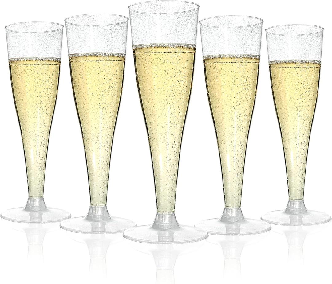 Bestluck 100 Pack Champagne Flutes Plastic, 4.5 oz Silver Glitter Plastic Disposable Stemware, Disposable Champagne Flutes for Party, Mimosa Bar, Wedding, Anniversary and Graduation