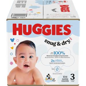 Huggies Snug & Dry Diapers Size 3, 104 Count Ultra Soft and Ultra Dry, Day & Night Protection, Gentle Absorb Liner, Wetness Indicator, Fragrance Free, No Parabens
