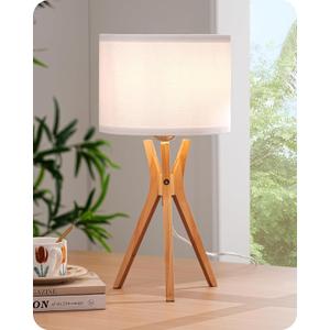 EDISHINE Modern Tripod Table Lamp, 17.5" Bedside Lamp with Natural Wood Light Legs & White Linen Lampshade, Nightstand Lamp for Bedroom, Living Room, Reading Room, E26 Base