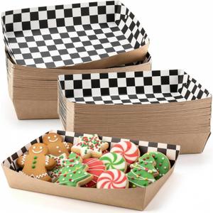 Norme 60 Pcs Disposable Black White Checkered Paper Food Trays 5 lb Heavy Duty Kraft Paper Food Serving Boats 10.2 x 7.1 x 2 Inch Nacho Taco Hot Dog Chips Snack Hamburger Holder for Party