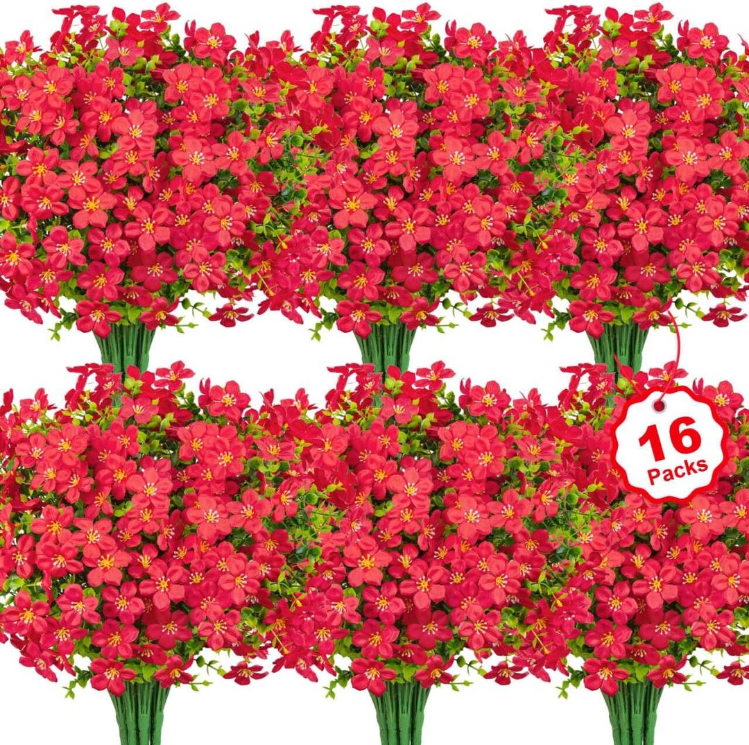 16 Bundles Artificial Flowers for Outdoors Decoration Fake Silk Flowers UV Resistant Faux Plastic Plants for Spring Summer Garden Yard Porch Window Box Home Indoor Outdoor Decor, Red