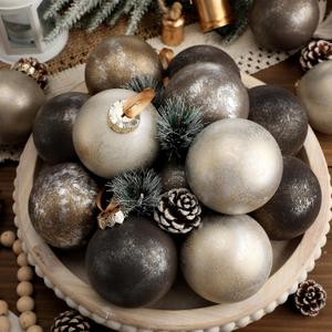 15 Pcs Neutral Textured Christmas Ball Ornaments 3.15 Inch Matte Rustic Brown Champagne Gold Bronze Xmas Baubles Vintage Modern Christmas Decorations for Tree Wreath Holiday Decor (Neutral)