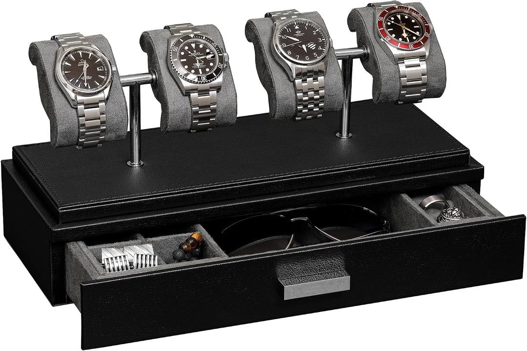 ROTHWELL Luxury Watch Display Case for 4 Watches – Leather Watch Box with Acrylic Cover and Removable Slide in Cushions – Accessory Drawer with Multiple Configurations (Black/Grey)