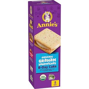 6 pack of Annie's Organic B-Day Cake Graham Sandwich Cookies, Birthday Cake Flavored Creme, 12 Cookies, 8 oz, Best By: Aug 05, 2025 6 pack of Annie's Organic B-Day Cake Graham Sandwich Cookies, Birthday Cake Flavored Creme, 12 Cookies, 8 oz, Best By: Aug 05, 2025