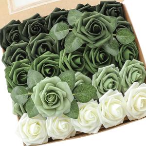 Floroom Artificial Flowers 25pcs Real Looking Forest Green Ombre Colors Foam Fake Roses with Stems for DIY Wedding Bouquets Bridal Shower Centerpieces Sage Green Floral Arrangements Decorations (25pcs Regular 3", Shades of Forest)