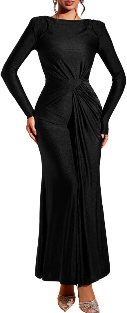 ChiaoLezhee Floor-Length Bodycon Dress, Boat-Neck Ruched, Fall Long Sleeve, Semi-Formal Cocktail Evening-Gowns for Women, L