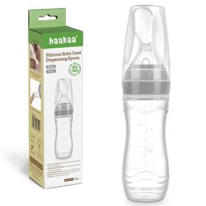 Haakaa Silicone Baby Food Dispensing Spoon Feeder 4oz - Infant Squeeze Cereal Feeder, Baby Fresh Food Feeder, Feed Bottle for Puree, Solid Baby Food, BPA Free, 4m+ Babies  Grey