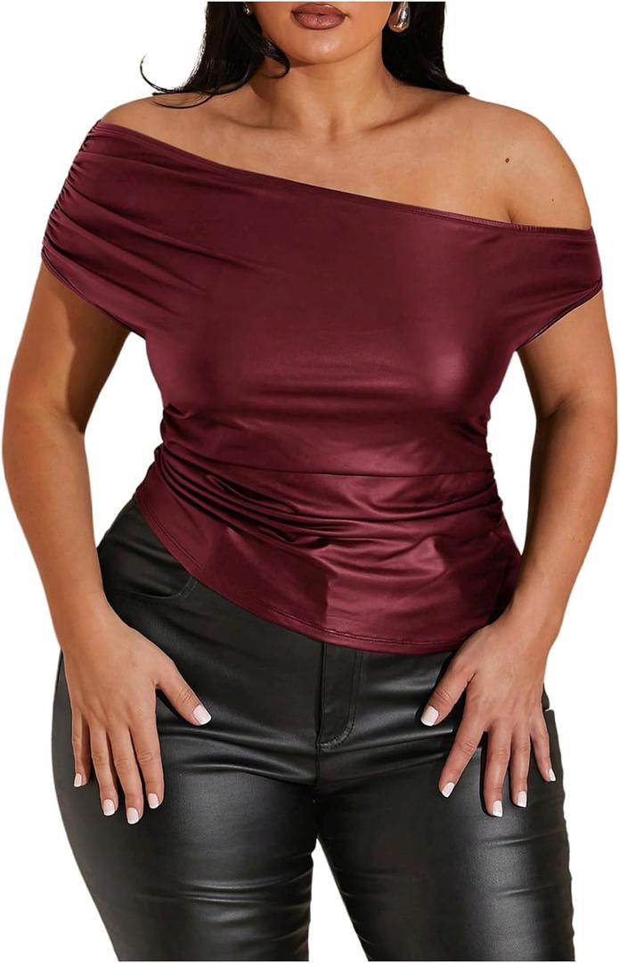 MakeMeChic Women's Plus Size Leather One Shoulder Tops Ruched Fitted Club Top Early Fall Fashion (3X-Large Plus, Burgundy)