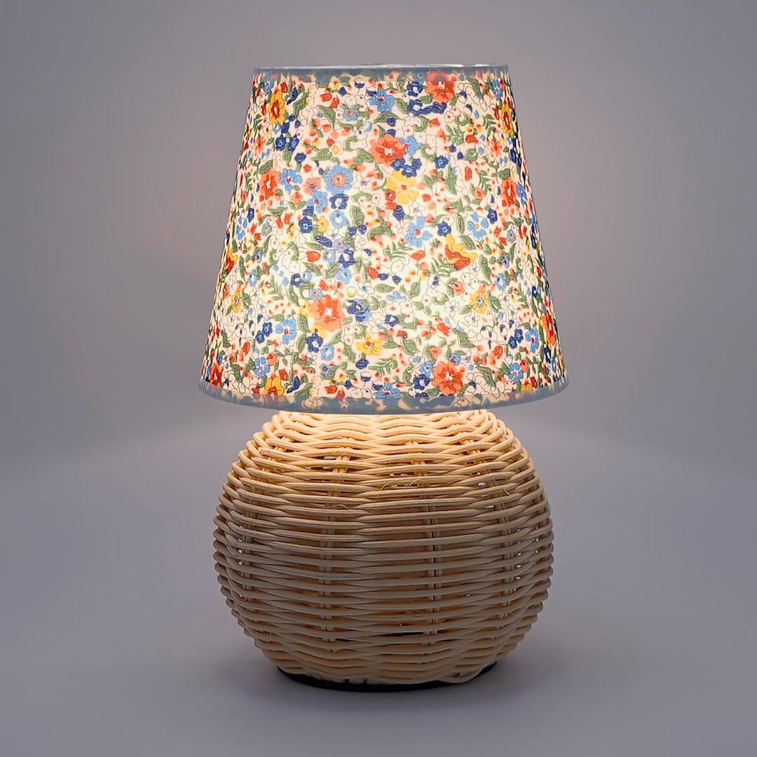 Vintage Small Wicker Lamp, Rattan Body Fabric Lampshade, Adjustable Light Color and Brightness with Power-Off Memory, Safe USB Powered, Retro Night Light for Bedroom Living Room (Sphere-Floral)