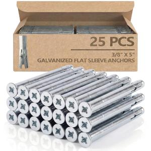 25 PCS 3/8" x 5" Flat Sleeve Anchor Zinc Plated for Heavy-Duty Fastening in Masonry, Brick, and Concrete