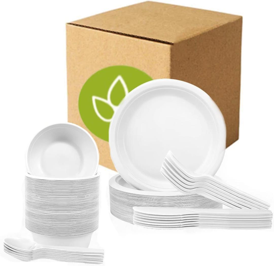 250 PCS Compostable Paper Plates and Utensils Set (EXTRA LONG), White Microwaveable Compostable Dinnerware Set, Disposable Plates, Bowls & Cutlery Includes Forks, Knives & Spoons, 50 Sets Each