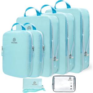 Lightweight Compression Packing Cubes for Suitcases, Compressible Expandable Travel Packing Organizer with Clear Toiletries and Backpack Bag, Travel Essentials for Carry on Luggage 7 Set (Blue/White) Lightweight Compression Packing Cubes for Suitcases, Compressible Expandable Travel Packing Organizer with Clear Toiletries and Backpack Bag, Travel Essentials for Carry on Luggage 7 Set (Blue/White)