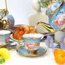 20 Pcs Porcelain Tea Set with Metal Holder, Adult Tea Set Gift, European Ceramic Tea Set for Adults, Flower Tea Cup Saucer Set for Party With Gold Flower Painting (Serene Blue)