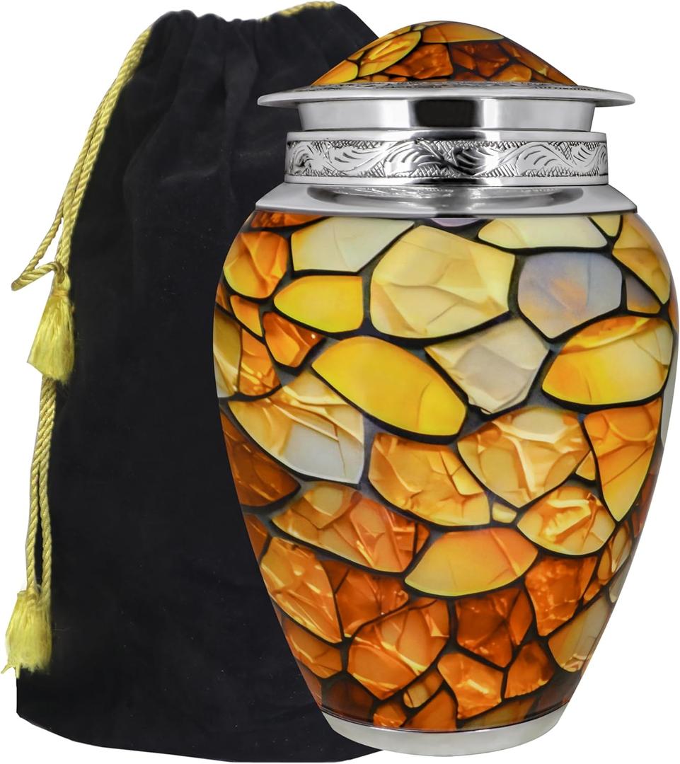 M MEILINXU Urns for Human Ashes Adult Female & Man, Cremation Urn for Ashes for Women & Male, Funeral Memorial Urn with Gemstone Texture Design, Decorative or Burial Urns, Yellow - Large Size