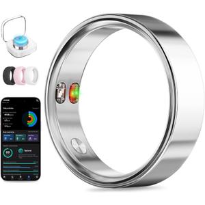 Smart Ring with Vibration Alerts, Health Tracker Ring with Body Temperature Monitor, Heart Rate, Sleep & Fitness Tracking, Waterproof Activity Ring for Men & Women, No App Fees (Silver, 6#)