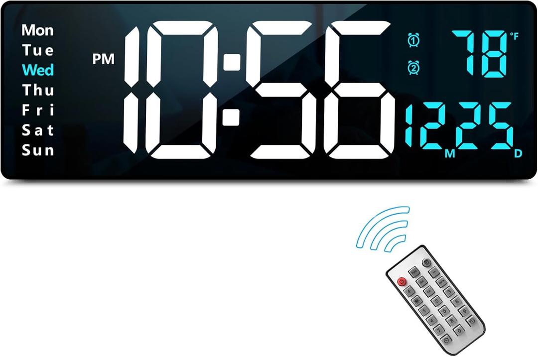 Abovsare 16.2 Inch Large Display Wall Clocks, LED Digital Clock with Remote Control for Living Room Decor, Automatic Brightness Dimmer Clock with Date Week Temperature (Blue)