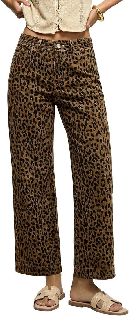 luvamia Wide Leg Jeans Woman Trendy High Waisted Leopard Cheetah Print Ankle Length Stretchy Denim Pants with Pockets (Medium)