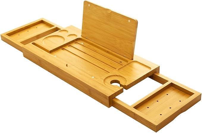 Premium Bamboo Bath Tray Table,Bathtub Caddy Table with Book Phone Holder,Expandable Bathtub Tray with 1 Sliding Tray
