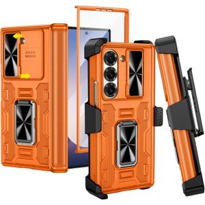 VEGO for Galaxy Z Fold 6 Case with Stand, 360Ring Magnetic Kickstand & Hinge Protection & Front Screen Protector & Camera Cover & Belt Clip Holster Case for Samsung Galaxy Z Fold 6 5G - Orange