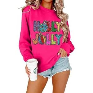 FAYALEQ Merry Christmas Sweatshirt for Women We Can Leave The Christmas Light Long Sleeve Shirt Xmas Holiday Crewneck Pullover Tops Hot Pink Small