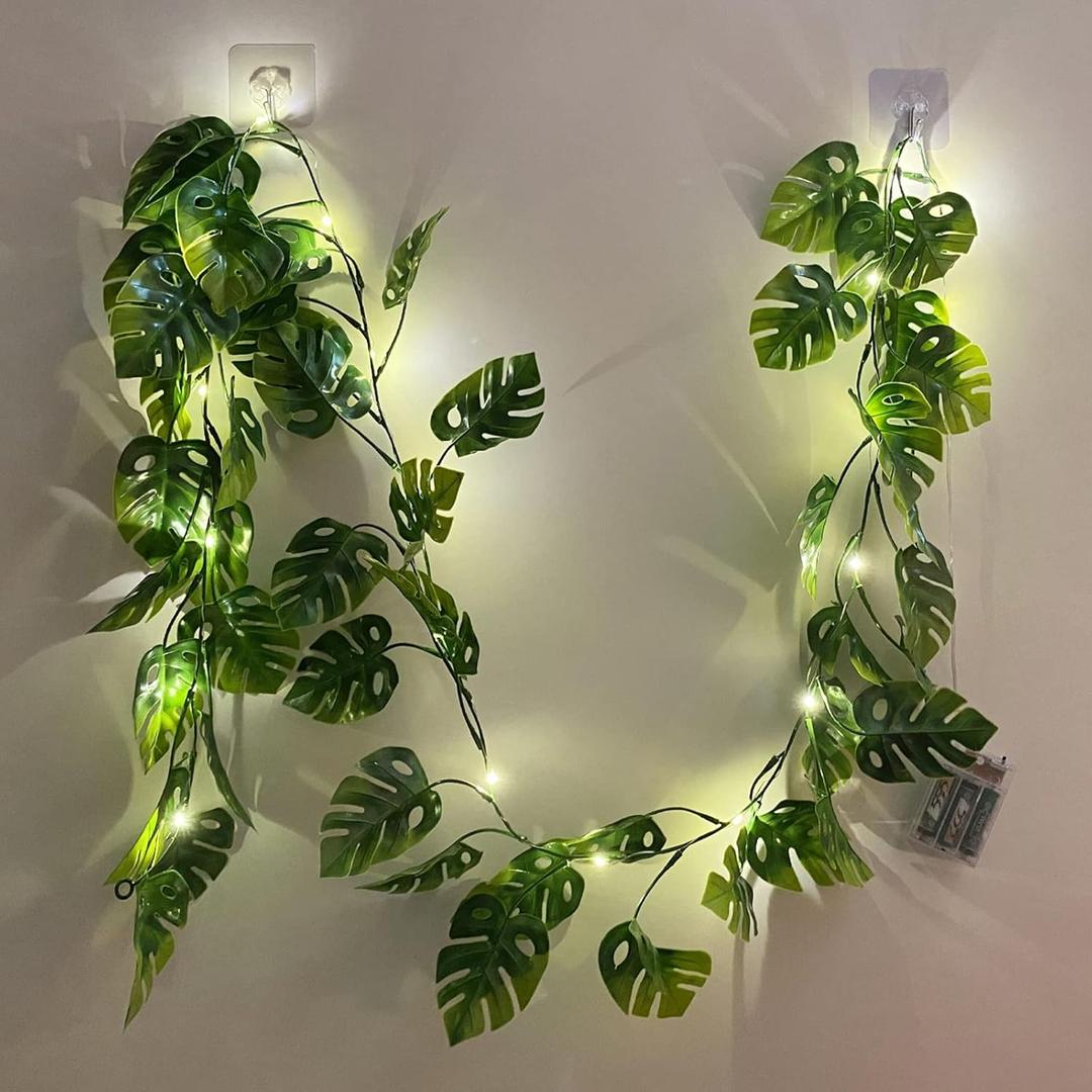Fielegen 20 LED Monstera Leaf String Lights, Artificial Tropical Palm Leaves Greenery Vines with Lights,Summer Decoration for Hawaiian Jungle Safari Luau Party BBQ Beach Birthday Theme Decor