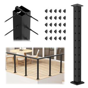 36" Cable Railing Corner Post, Stainless Steel Flat Top Deck Corner Post with Cable Grommets, 2"x2" 90 T-Drilled Metal Corner Post for Black Deck Stair Railing System, RG33