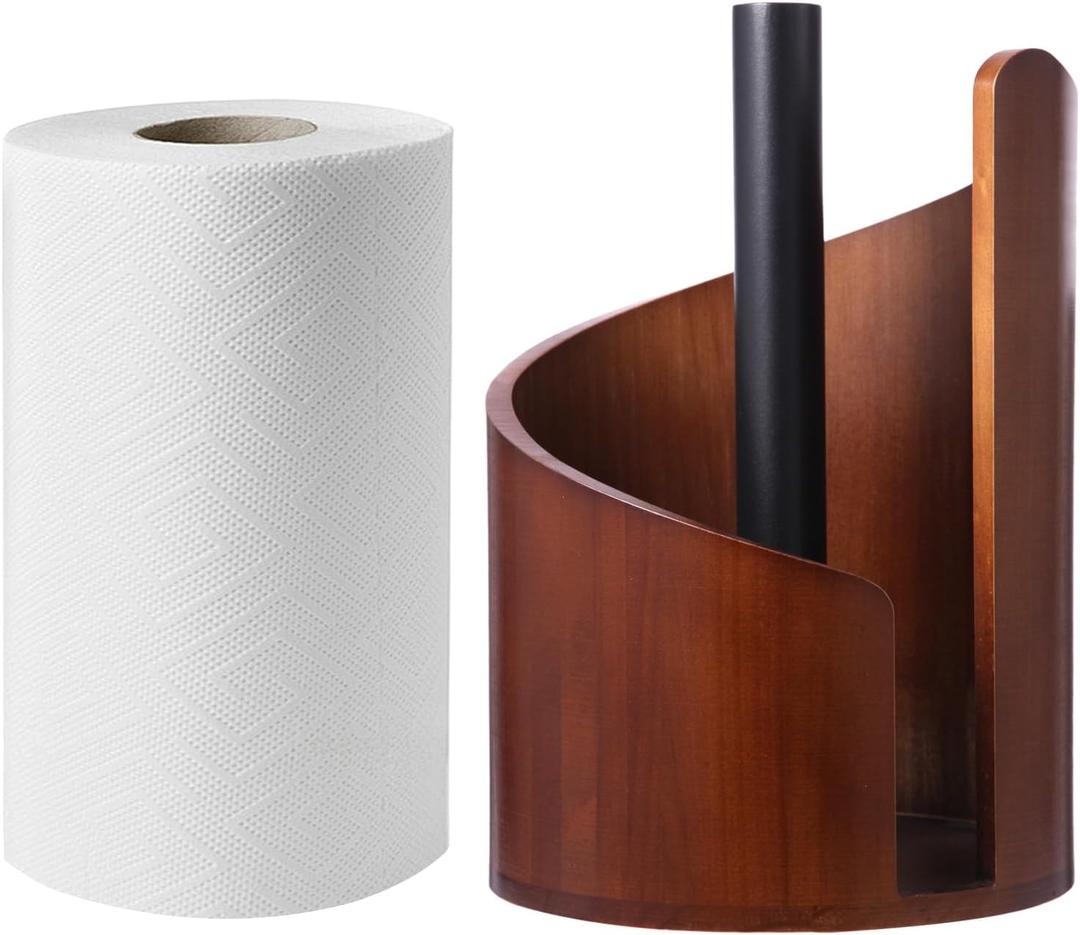 Paper Towel Holder Countertop with Wood Round Base and Iron Holder,Holds Mega Roll,Holder Stand for Kitchen Roll Organize,Wooden Paper Towel Holder for Kitchen Dining Table Home Decor