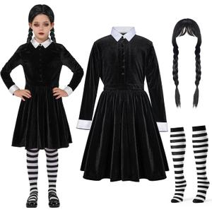 Spooktacular Creations Girls Collar Black Dress, School Girl Costume with Wig, Skater Dress for Toddler Halloween Cosplay (Large(10-12 yrs))
