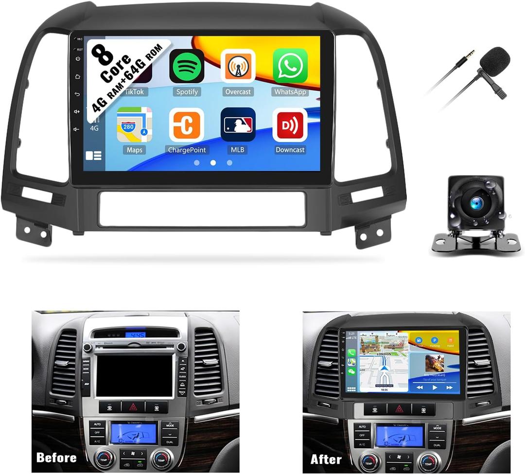 4+64G 8-Core Android 13 Car Stereo for Hyundai Santa Fe 2006-2012 with Wireless CarPlay Android Auto, 9 '' IPS Touchscreen Radio with WiFi GPS Mirror Link Bluetooth FM RDS DSP 32EQ SWC + Backup Camera
