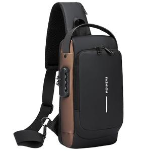 Fashion USB Crossbody Sling Bag, Black and Black and bronze, Waterproof, Multiple Compartments, Anti-Theft Lock Design