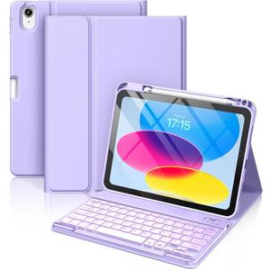 iPad 11th 10th Generation Case with Keyboard - 7 Colors Backlit Wireless Detachable Folio Keyboard Cover with Pencil Holder for iPad 11-inch A16 2025 10th Gen 10.9 Inch 2022 (Purple)