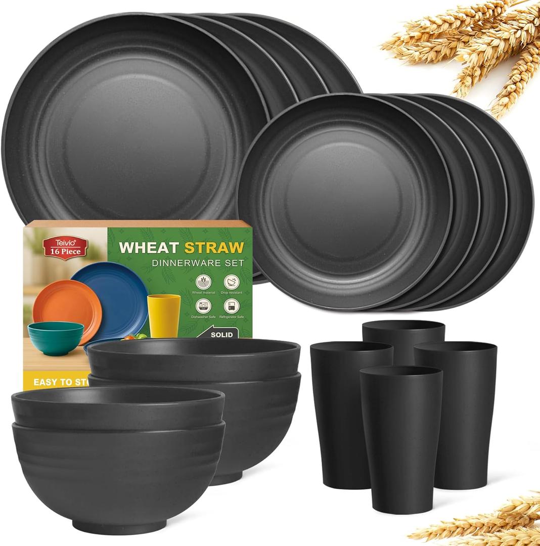 Teivio 16-Piece Kitchen Plastic Wheat Straw Dinnerware Set, Service for 4, Dinner Plates, Dessert Plate, Cereal Bowls, Cups, Unbreakable Plastic Outdoor Camping Dishes, Black